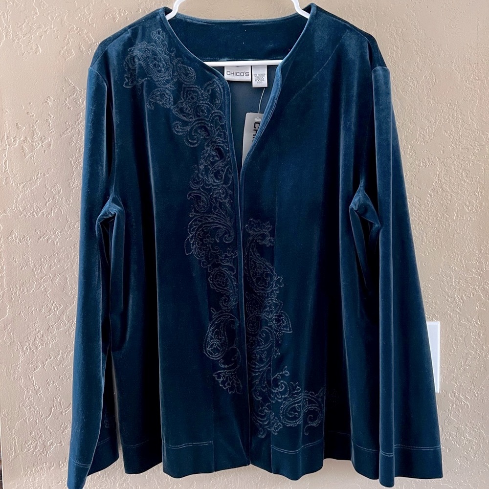 Chico’s Velvet Embroidered Cardigan Size 3  Green Scroll Tonal Trim NWT - Picture 3 of 17